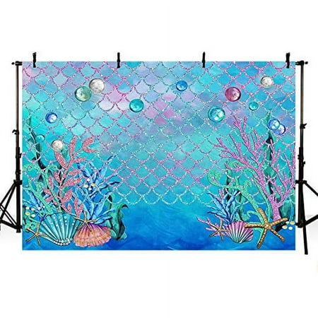 Image of MEHOFOTO 7x5ft Under The Sea Blue Photography Backdrop Ocean Mermaid Theme Girl Birthday Party Decoration Pearls Starfish Shell Ocean Theme Baby Shower Photo Studio Booth Background Banner