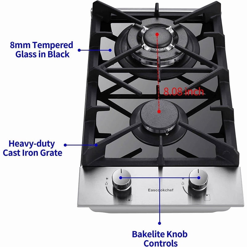 GD 12 in. 2 Burners Recessed Gas Cooktop with Tempered Glass Top, for Dual Fuel LPG/NG, Stainless Steel