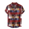 thumbnail image 1 of Unique Bargains Men's Summer Checked Short Sleeve Color Block Hawaiian Plaid Shirts Red M, 1 of 6
