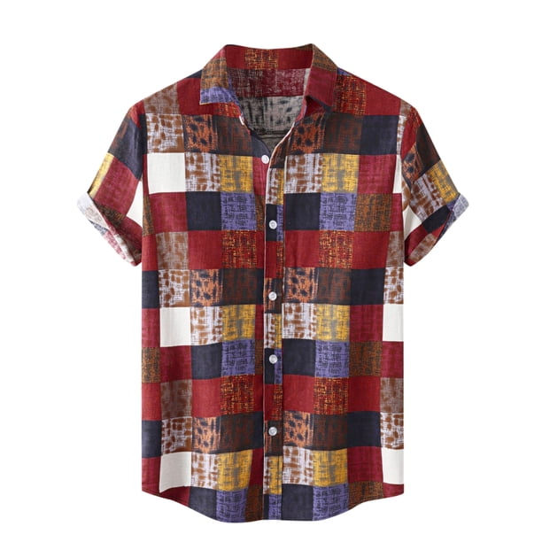 Lars Amadeus Camisas a cuadros hawaianas de manga corta con bloques de color para la playa de verano para hombre rojo XXL Unique Bargains Camisas