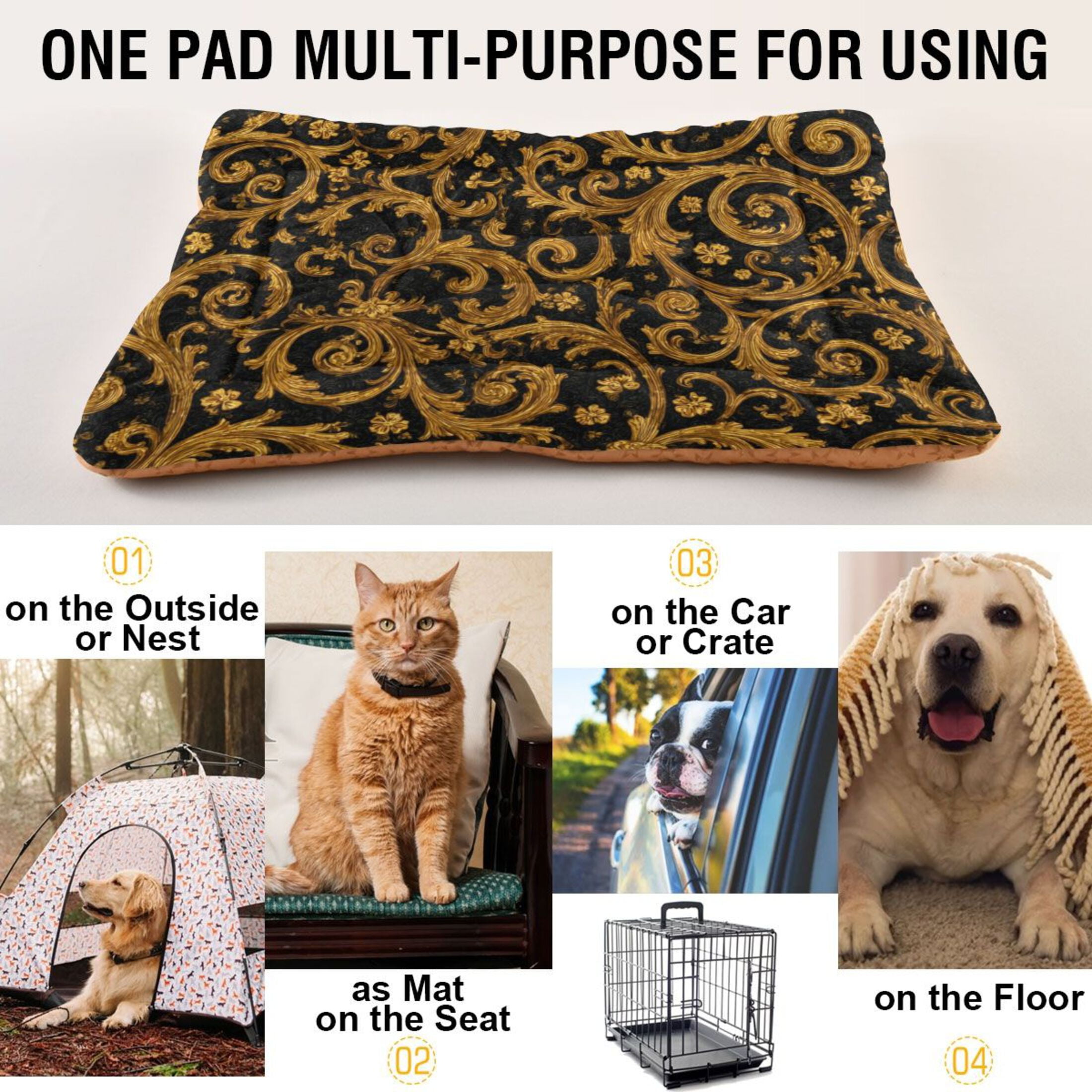 Cozy Mat Pet Bed Indoor Outdoor Warm Soft For Cat Dog Puppy(S/M) Black&gold Baroque Pattern