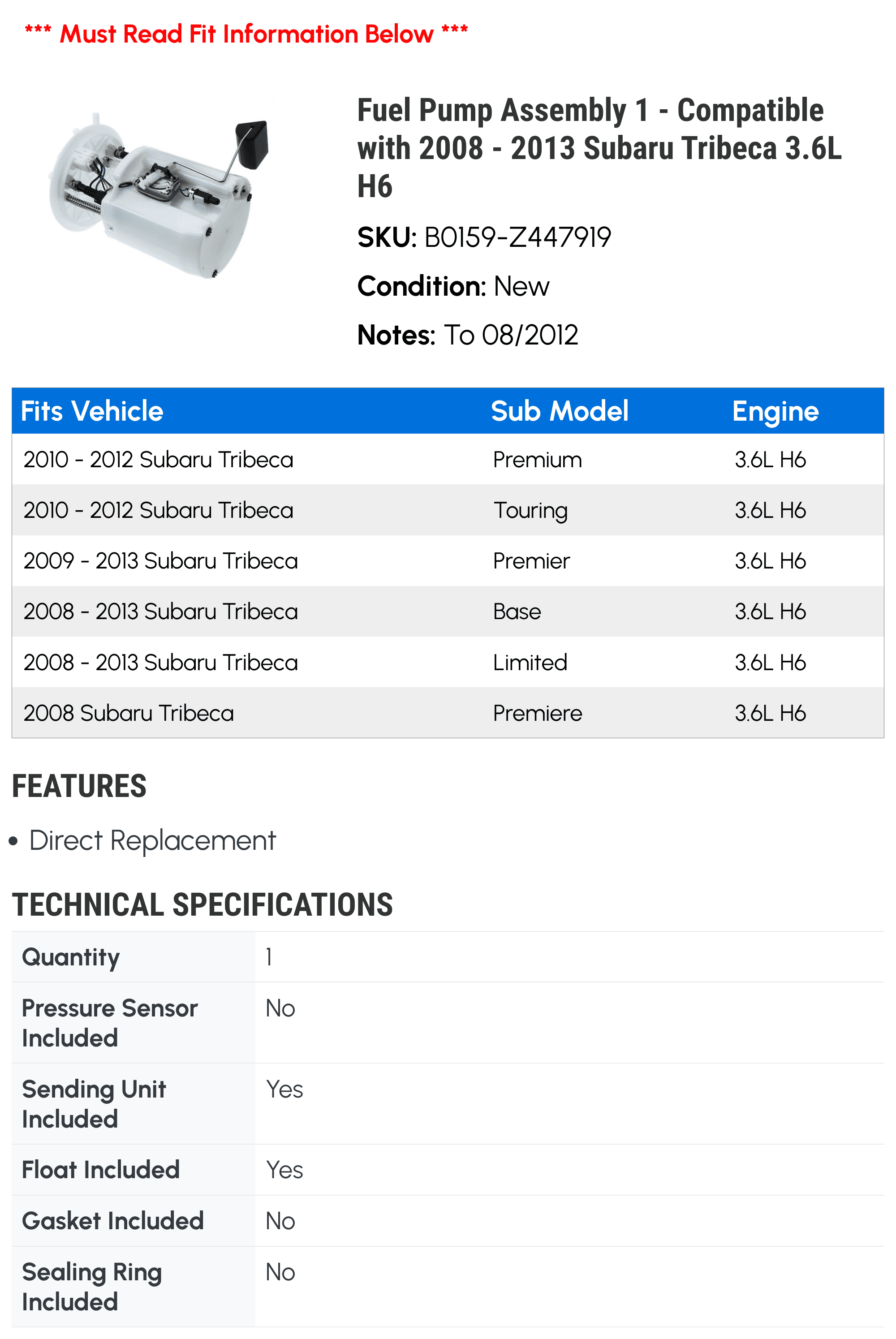 Fuel Pump Assembly 1 - Compatible with 2008 - 2013 Subaru Tribeca 3.6L H6 - Autopart Premium