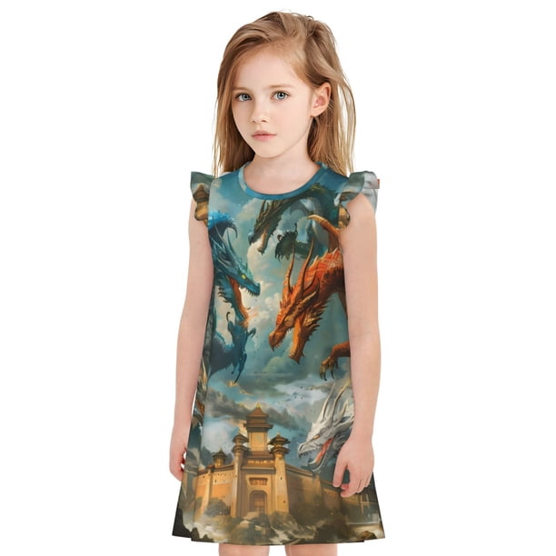 Balery Red Blue Dragon Battle Epic Camisón de princesa para niñas, pijama de algodón con mangas abullonadas, suave y bonito.-XX-Large