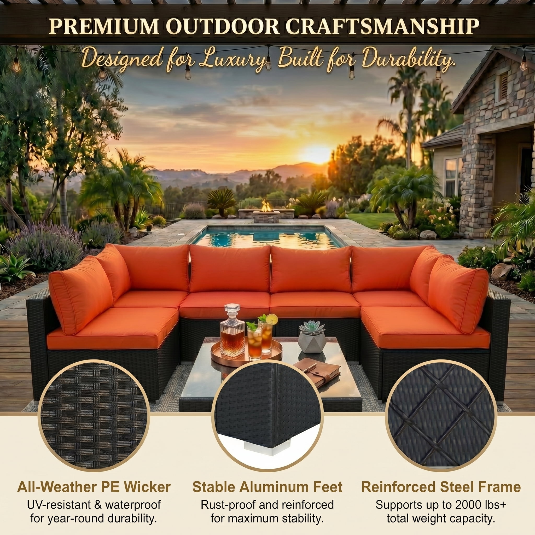 Howcool 7-Piece Modular Outdoor Patio Furniture Set with Cushions and Tempered Glass Table