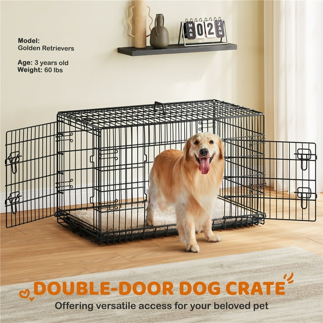 Yaheetech 42" Foldable Metal Dog Crate with 2 Doors and Pull Out Tray, Black