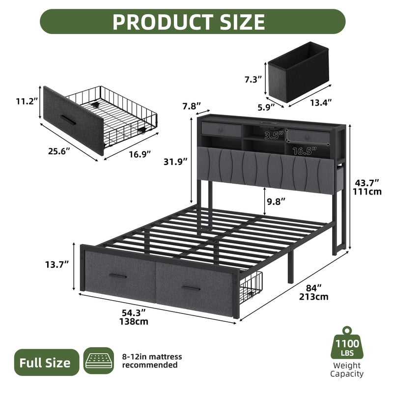 Uforic Full Upholstered Bed Frame with Charging Station, LED Platform Bed with Storage Drawers, Gray