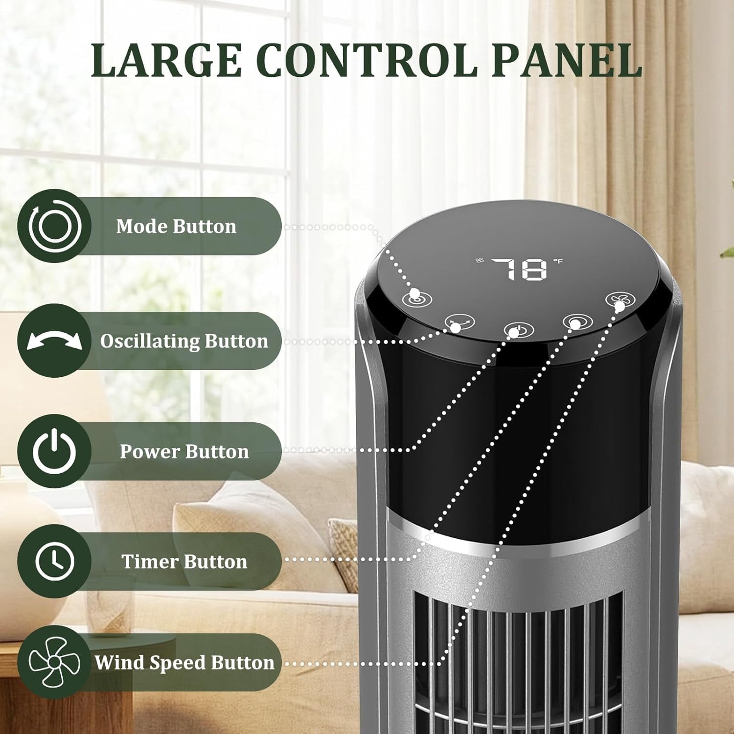 Blazezo Tower Fan With Remote, 60° Oscillating Bladeless Cooling Fan, 28dB Quiet Standing Floor Fan for Bedroom Home Office, 5 Speeds 4 Modes 12H Timer