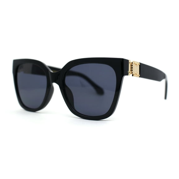 Womens Metal Jewel Hinge Horn Rim Rectangle Designer Sunglasses Black Gold Black