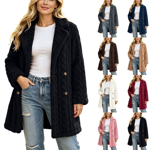 Women's Fuzzy Plush Button Down Coats Winter Long Sleeve Lapel Collar Mid-Length Warm Casual Jackets S-XXL