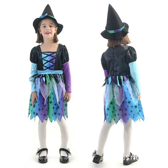 Girls Witch Costume with Hat Magic Halloween Christmas Dress Up Outfit Color Skirt