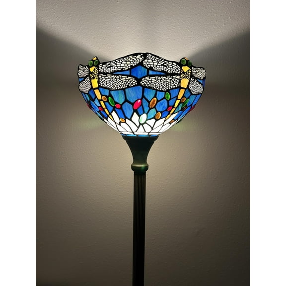 Tiffany Torch Floor Lamps Blue Stained Glass Dragonfly LED Bulb Included For Living Room Dining Room Bedroom 12"W*12"D*66"H