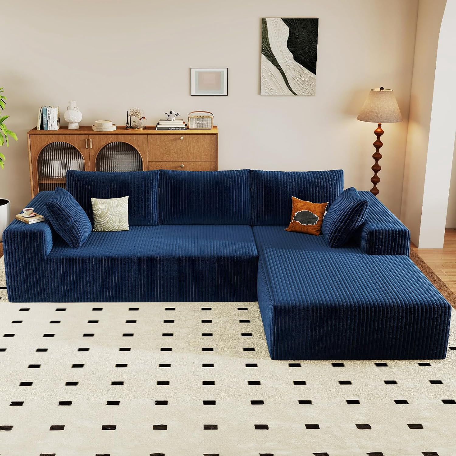 Cloud Couch Sectional, 96" L-Shaped Sofa, No Assembly Corduroy Couch with Chaise for Living Room,Blue