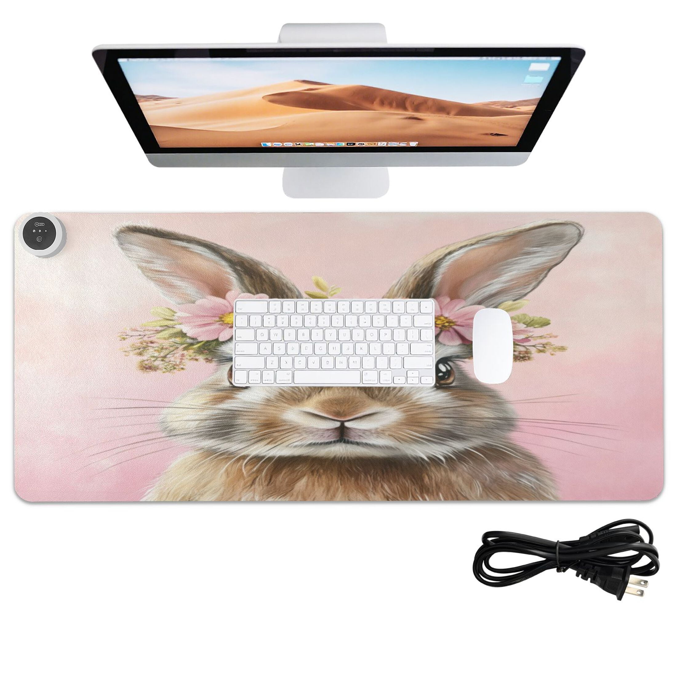 Wobogo Pink Wreath Bunny Heated Mouse Pad Extra-Large Desk Mat With 3 Heating Levels and 3-hour Auto Shut-Off Protection Ideal for Computer Keyboards Home Office Hand-warming Essential 31.5in × 13in