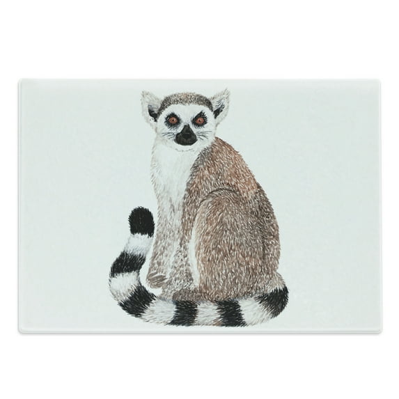 Lemur Cutting Board, Watercolor Detailed Drawing of Ring Tailed Wild Furry Madagascar Animal, Decorative Tempered Glass Cutting and Serving Board, in 3 Sizes, by Ambesonne
