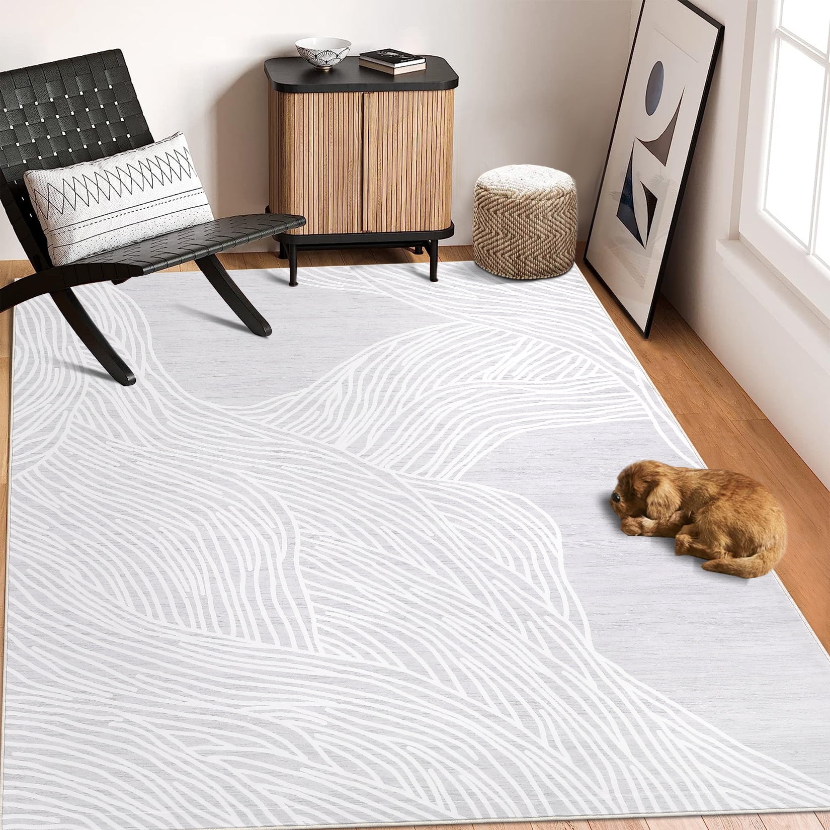 Tzou 8x10 Non-Shedding Washable Area Rugs for Living Room, Nonslip Contemporary Geometric Minimalist Striped Carpet for, White/Gray