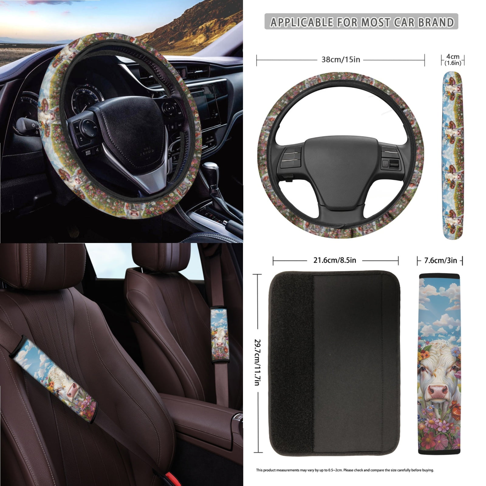 Garronmavis Aesthetic Flower Cow Universal Fit Car Seat Cover Full Set 15 Pieces Wristlet Strap 4 Pcs Seat Belt Car Trash Bag Car Pouch Organizer Interior Rearview Mirrors Protective Cover Cup Mats