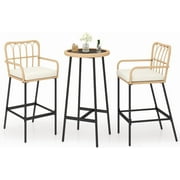 3 Pieces Outdoor Bar, Wicker Outdoor Bar Table and Outdoor Bar Stool Set of 2, Outdoor Bar Set with Thick Lumbar Pillow for Backyards, Porches-Beige