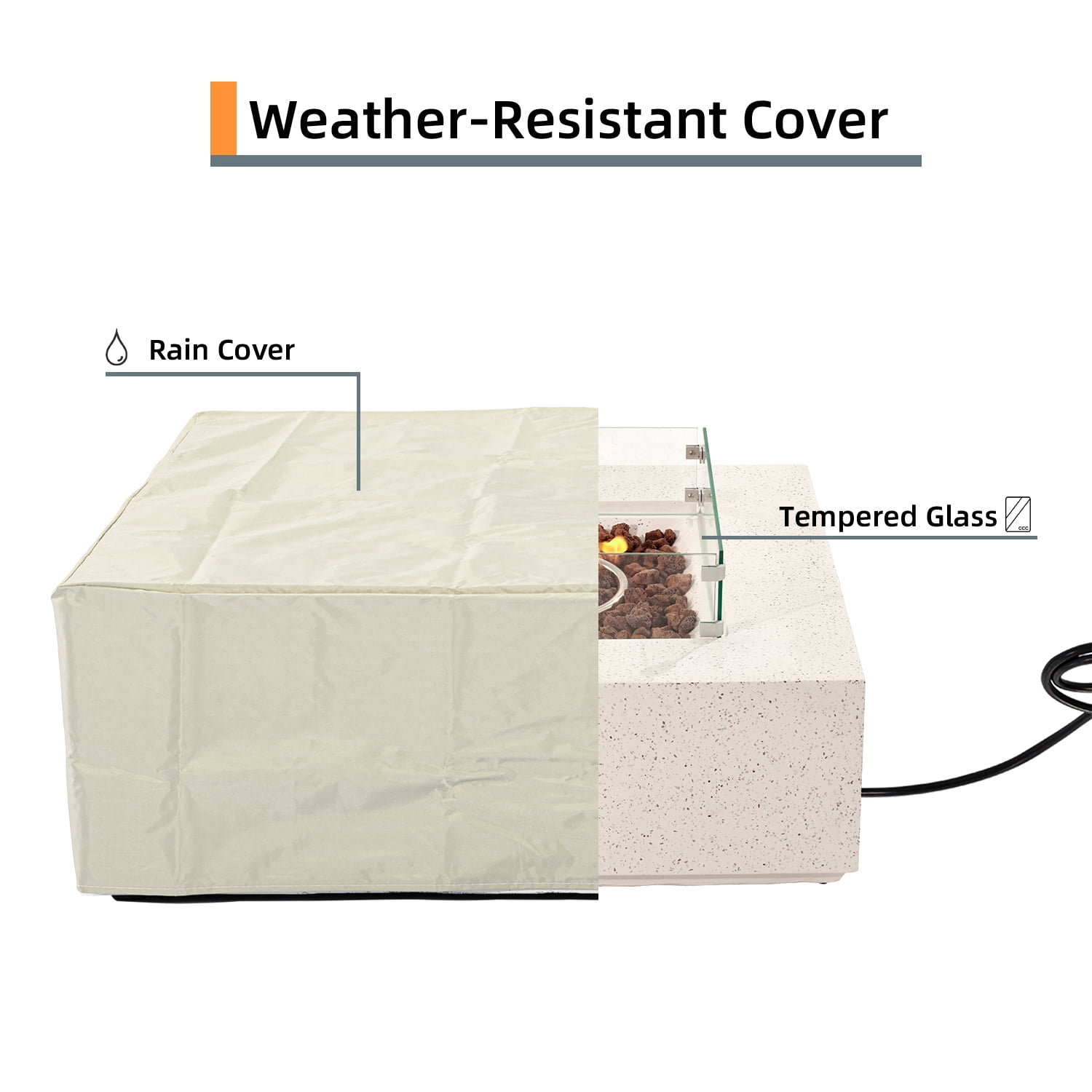 VENTOPYR 35''Outdoor Square Propane Fire Pit Table,Terrazzo White Faux Stone Fire Pit Set with Wind Guard
