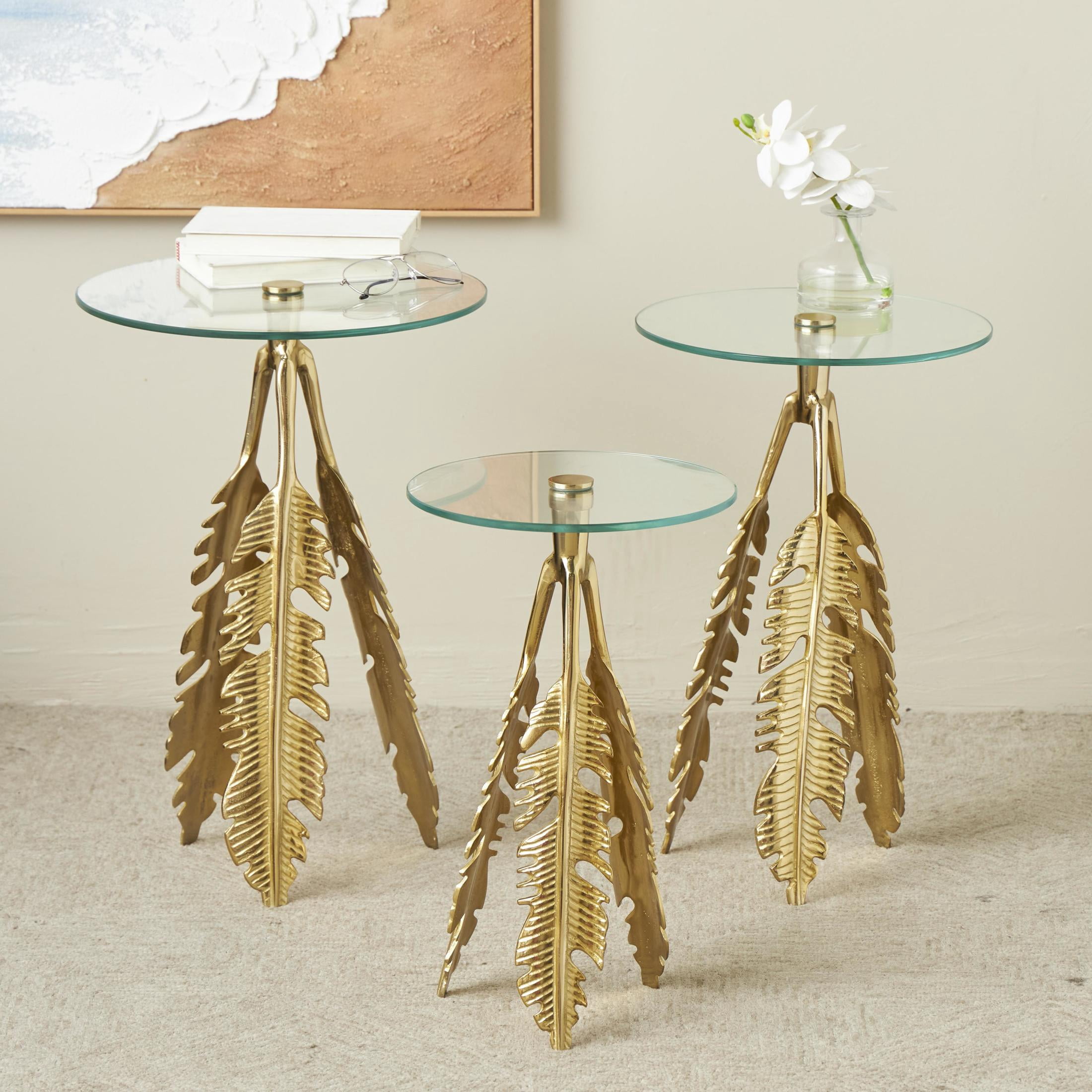 DecMode 16" x 24" Gold Aluminum Metal Leaf Accent Table with Tripod Legs and Tempered Glass Top, 3-Pieces