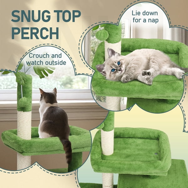 36in Cat Tree with Leaves, Multi-level Cat Tower with Cat Scratching Post, Cozy Cat Condo, Padded Beds, Dangling Ball for Kittens and Indoor Cats, Green
