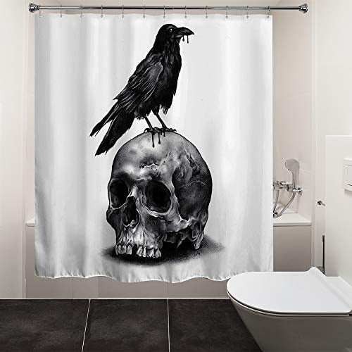 Funny Skeleton Skull on Black Fabric Bath Shower Curtains Waterproof & 12 Hooks 