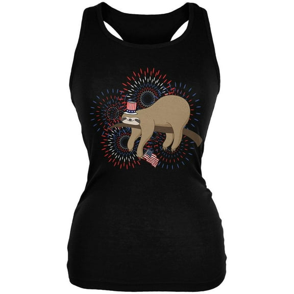 4th Of July Sloth Patriotic Cute Fireworks Juniors Soft Tank Top Black LG