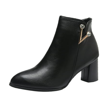 

Dyfzdhu Fashion Women Solid Color Autumn Thick Sole Square Heels Zipper Short Booties Round Toe Shoes