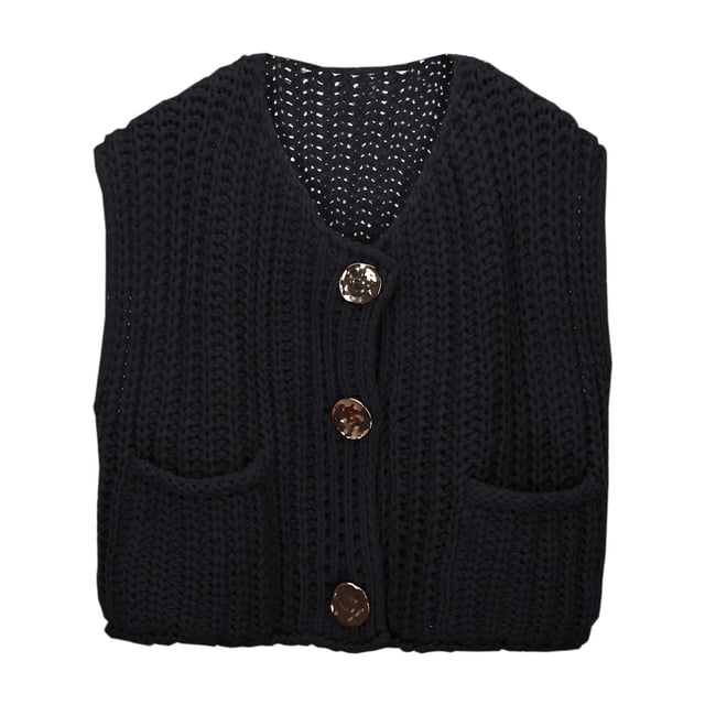 Women's Sleeveless Knit Cardigan Vest Solid Color Short Length Front Button Pocket Style