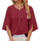 thumbnail image 3 of Blusa Informal de para Mujer, con Mangas 1/2 con Volantes, Cuello Redondo, Corte Holgado, Color Rojo Vino, Talla M, 3 of 10