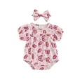 thumbnail image 2 of Musuos Newborn Girl Summer Outfit, 0-18Months Short Sleeve Crewneck Flower Print Bodysuit with Bowknot Headband 3PCS Clothes Set, 2 of 9