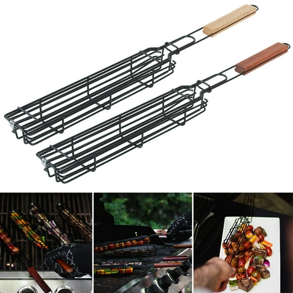 Panier de Grillade Lubelski Kabob Poignée en Bois Acier Inoxydable Portable Antiadhésif Légumes Crevettes Viande Hot-Dog Barbecue Filet de Gril Outils BBQ