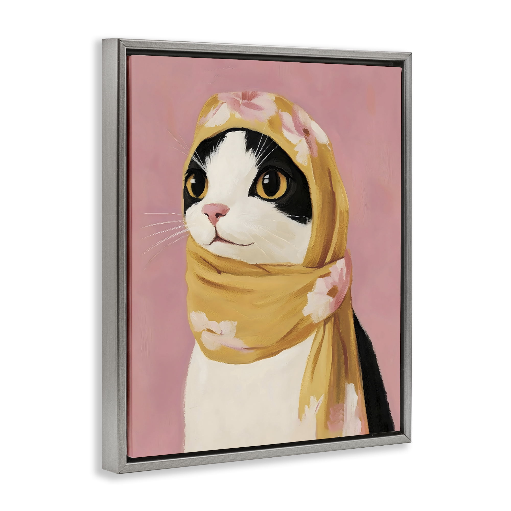 Stupell Industries Cat Babushka in Yellow Scarf Gray Framed Floater Canvas Wall Art, design by The Prints Vibe