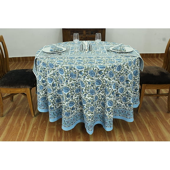 Blue & White Indian Hand Block Printed Table Cloth, Round Table Cloth, Hotel Table Linens, Dining Table Cloth, Jacquard Table Cloth 72x72 Inches