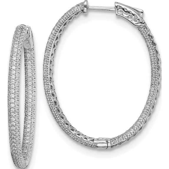 Sterling Silver Pave Rhodium-Plated Cz Hinged Oval Hoop Earrings (38 X 29) Made In Vietnam qmp589