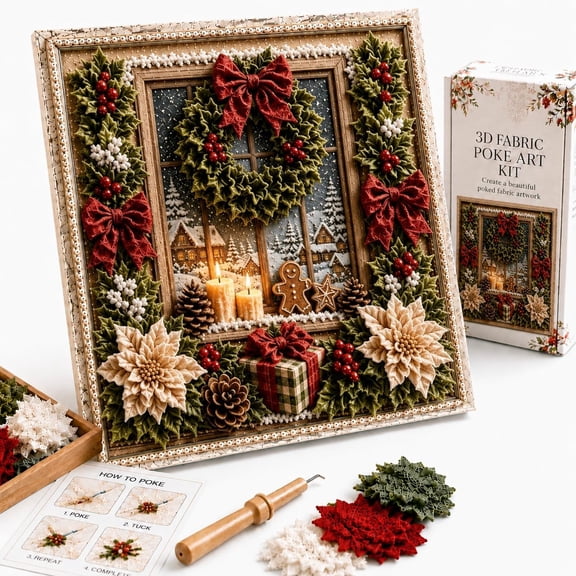 3D Christmas Fabric Poke Art Kit, 3D Fabric Poke Art Kit for Adults with Pre-Cut Squares, Adult DIY Needle Punch Craft Kit, Vintage Holiday Handmade Christmas Decorations