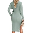 thumbnail image 4 of Women's Knit Midi Dress Evening Spring Autumn Clothing Chic Elegant Slim Fit Solid Color Wrap V Tie Front Long Sleeve Dress-a-S, 4 of 7