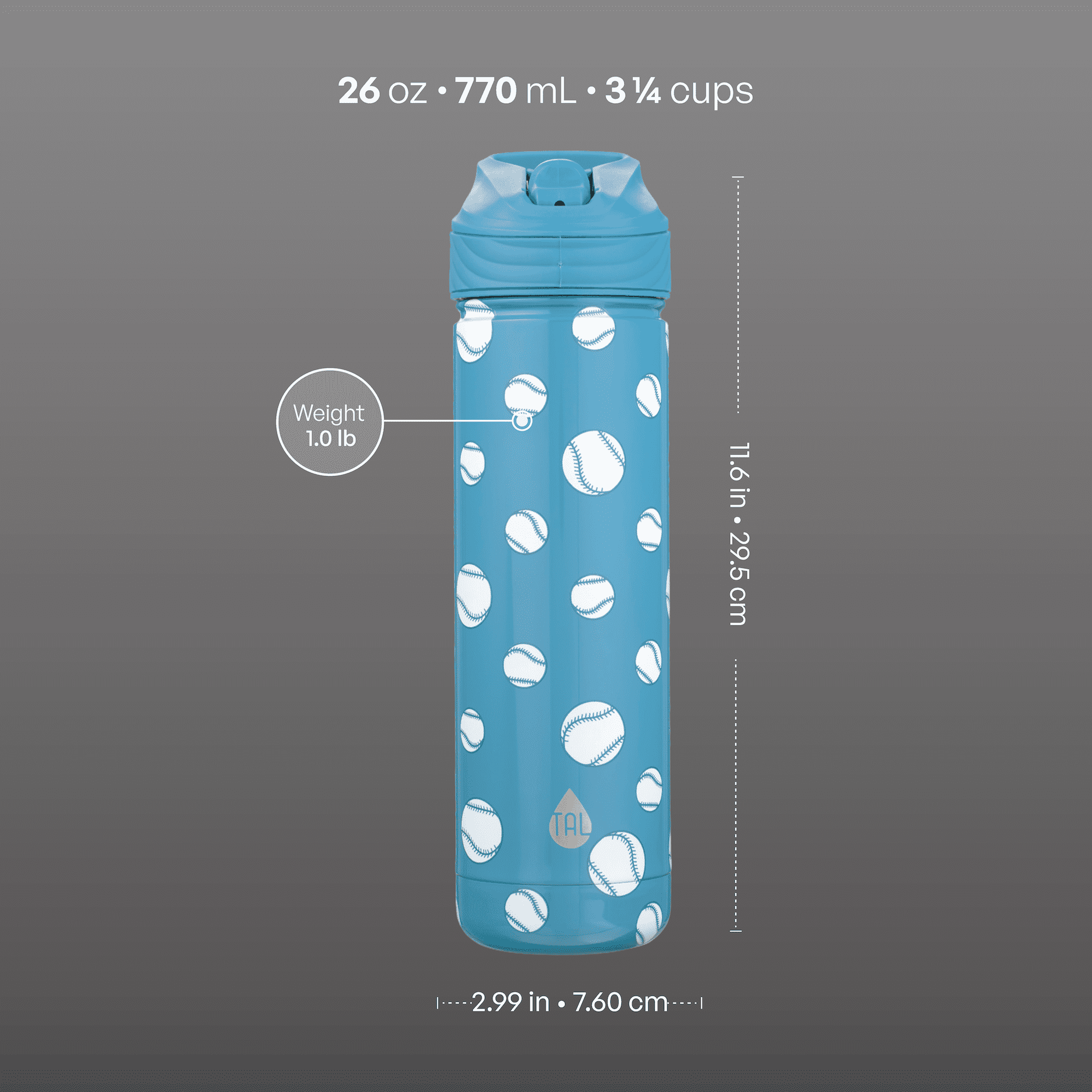 TAL 26oz Stainless Steel Ranger Water Bottle with Easy Sip Straw, Baseball