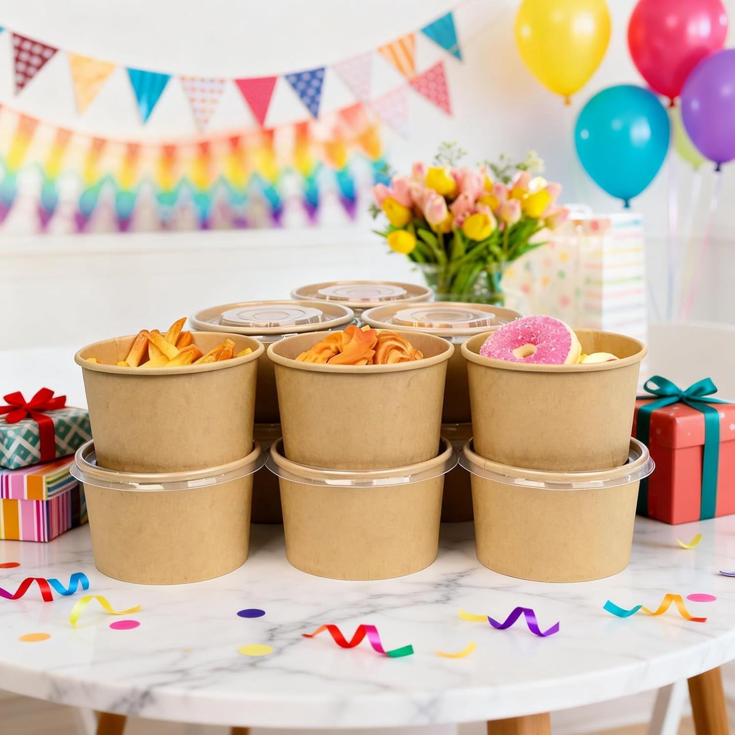 Paper Ice Cream Cups with Lids, 50 pcs 16oz Disposable Dessert Bowls with Lids for Hot or Cold Food, Paper Snack Containers for Sundae, Frozen Yogurt, Soup (Brown)