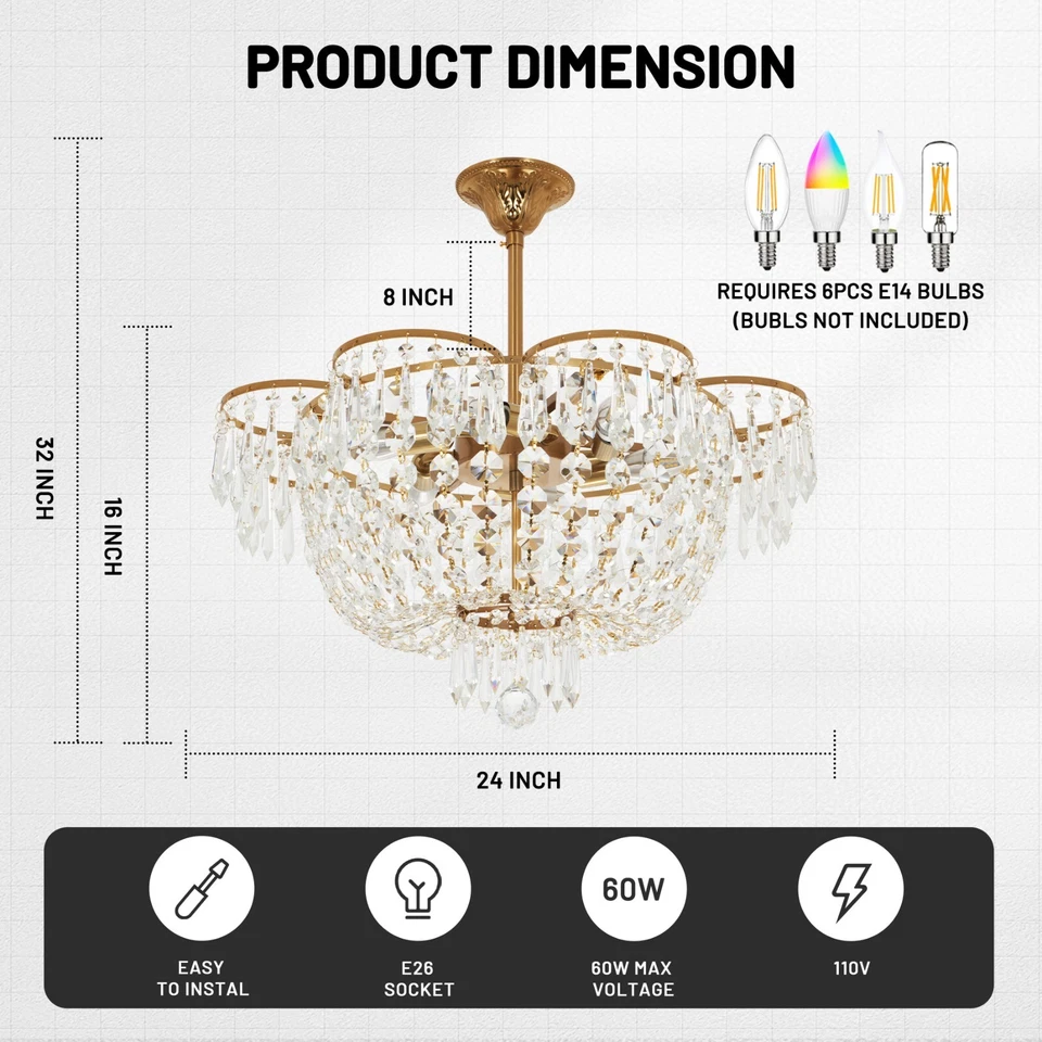 LUOLAX 23.6" Luxury Crystal Chandelier 6-Light Ceiling Fixtures Pendant Lamp Lighting