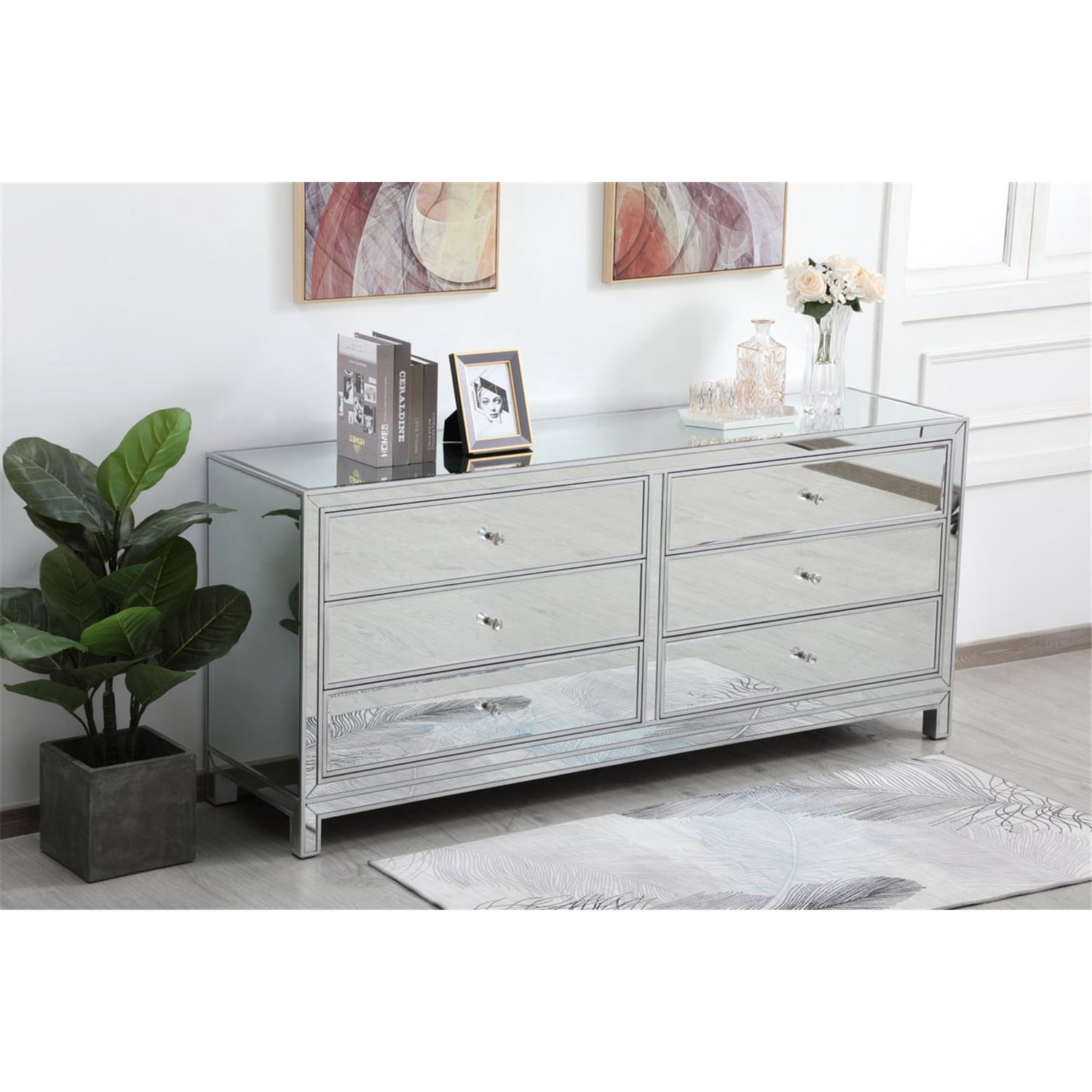 Elegant Decor Reflexion 72" Metal and MDF Mirrored Six-Drawer Dresser in Silver