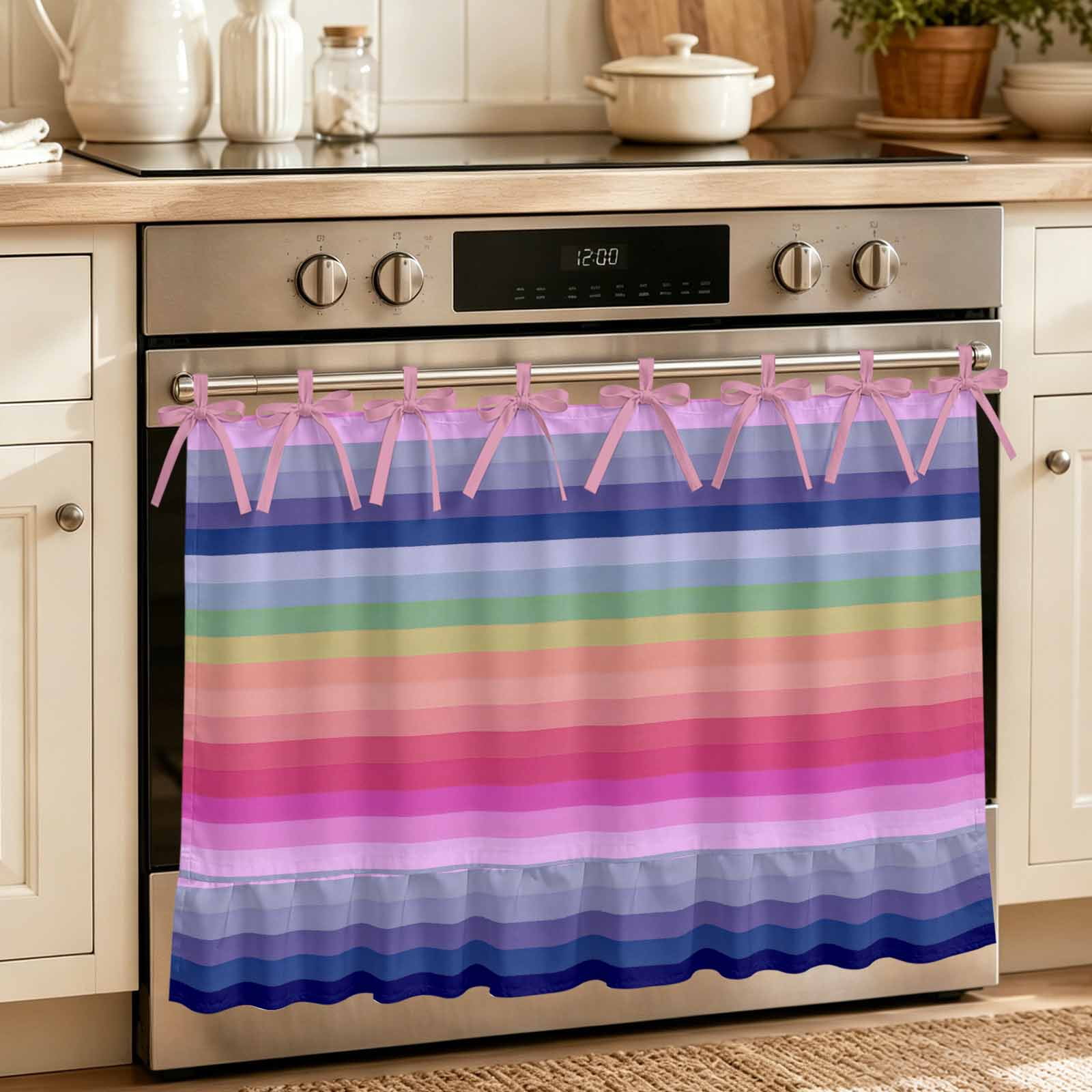 Oven Skirt Curtain for Kitchen 21.5x30 Inch Purple Pink Stripe Oven Curtain with 8 Ribbon Ties & Ruffle Trim Stove Skirt Curtain Dishwasher for Cabinets Over Sinks Abstract Modern Geometric Lines