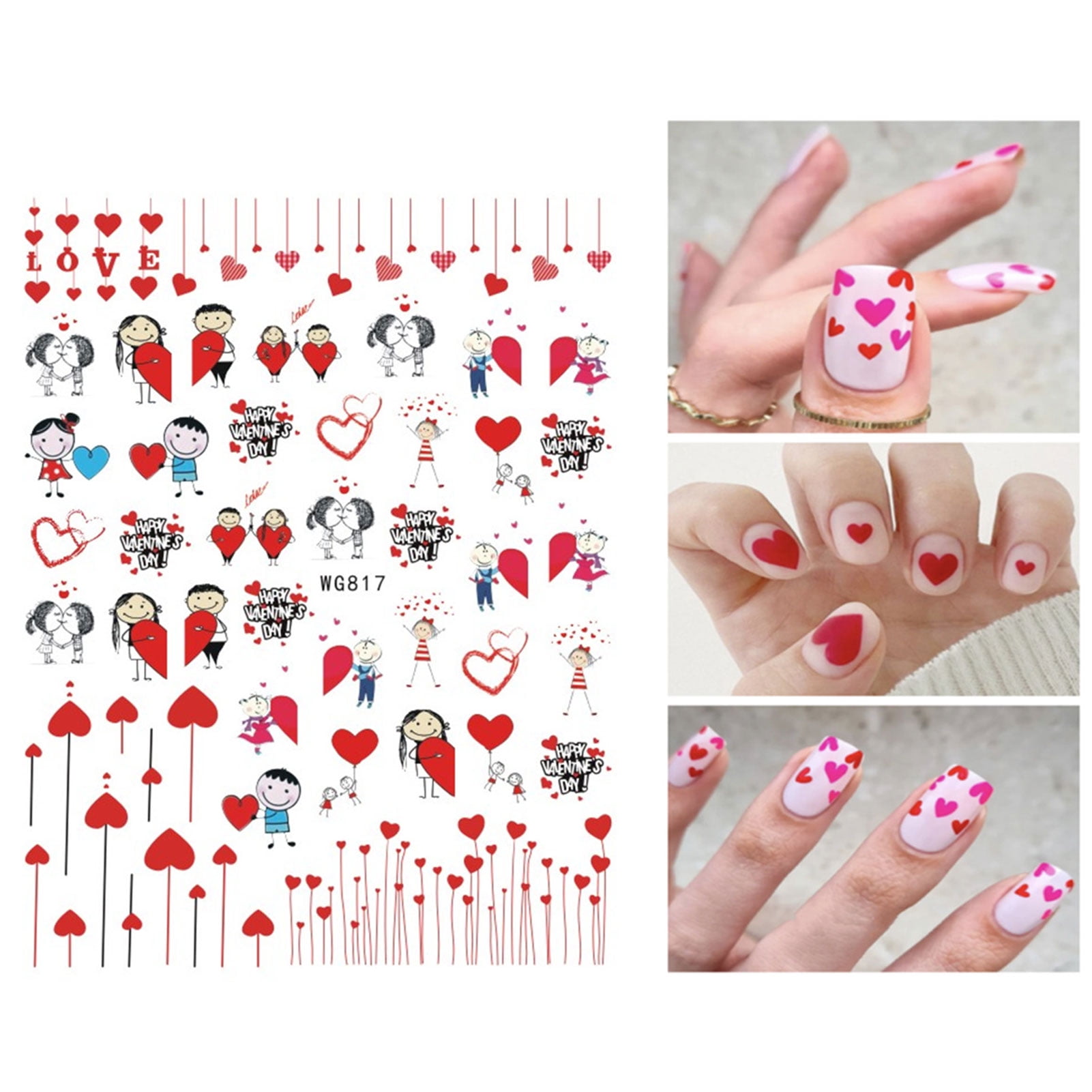  Valentine's Day Nail Art Stickers Decals 3D Self-Adhesive  Exquisite Fashion Cartoon Design Nail Decals Valentine's Day Love Heart Nail  Art Supplies Romantic Cute Valentine's Day Nail Decoration DIY Acrylic Nail  Art