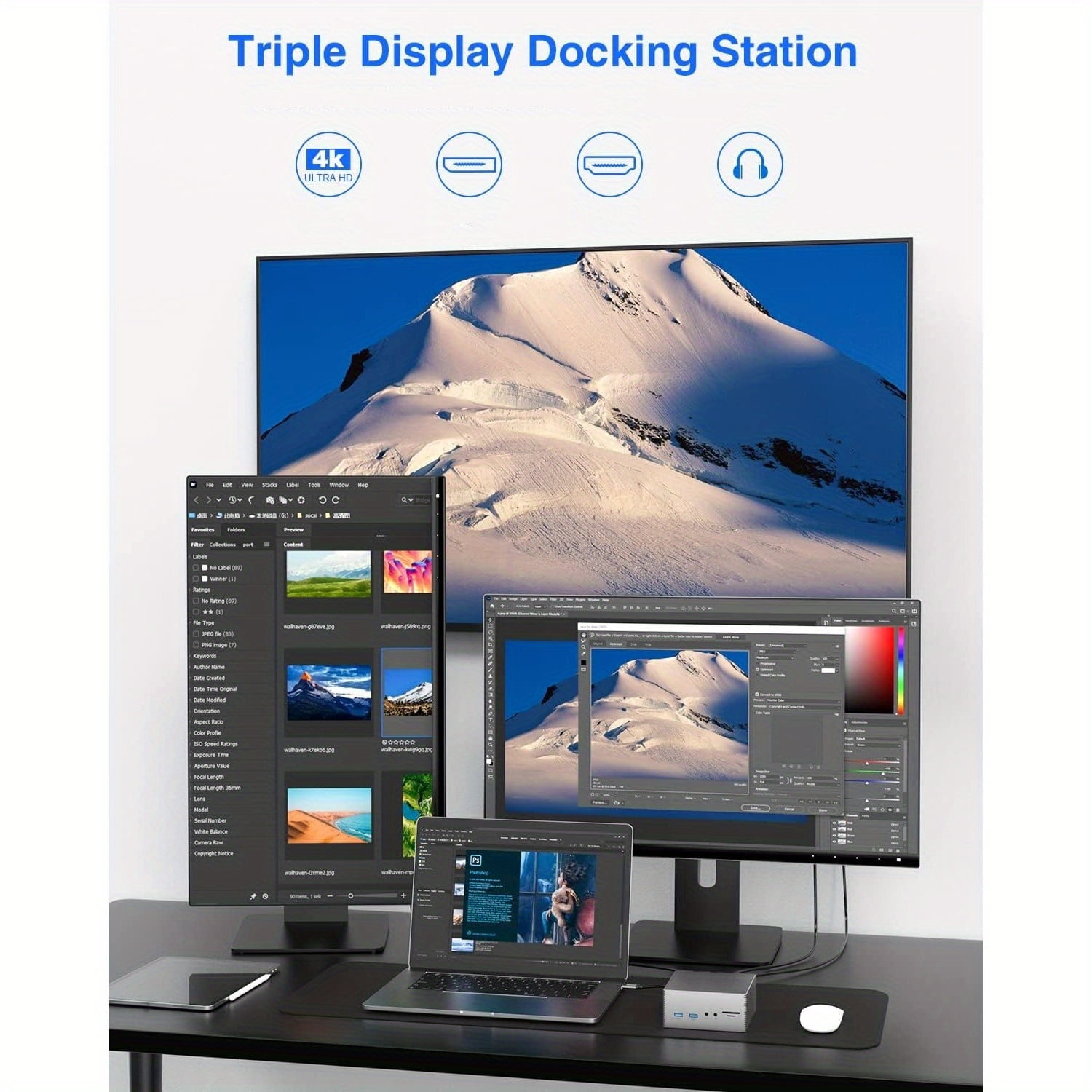 Universal USB-C 4K Triple Display Docking Station with Charging Support for MacBook Pro & Windows Type C Systems (2 4K DP, HDMI, 6 USB Ports, 60W USB PD), Extended Display for macOS