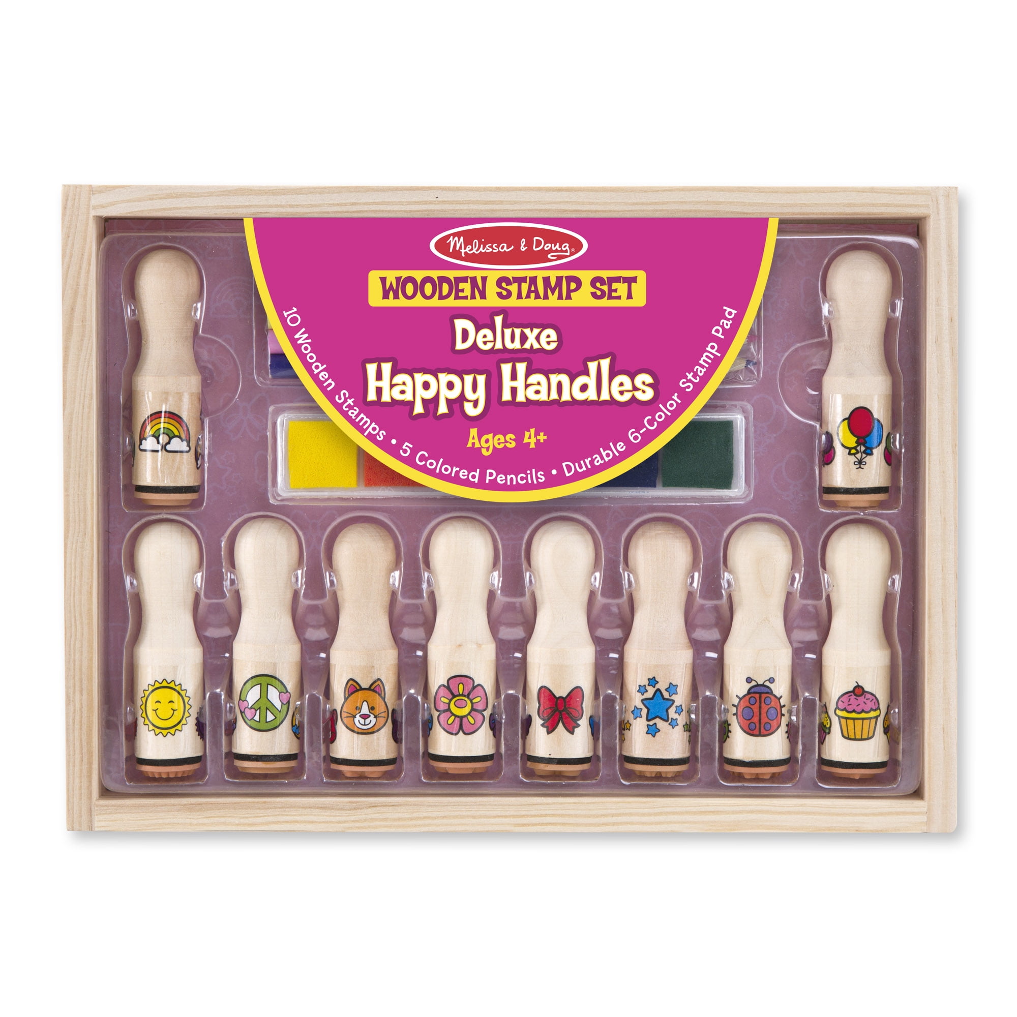 Melissa Doug Happy Handles Wooden Stamp Set 6 Stamps and 6 Color Stamp Pad Walmart