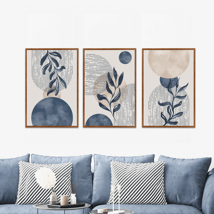 Boho Plant Wall Art Set of 3,Blue Bohemain Framed Canvas,Abstract Geometric Line Wall Painting,Modern Nature Prints,Botanical and Moon Wall Art for Living Room Bedroom Office - 3Pieces,16”X24”