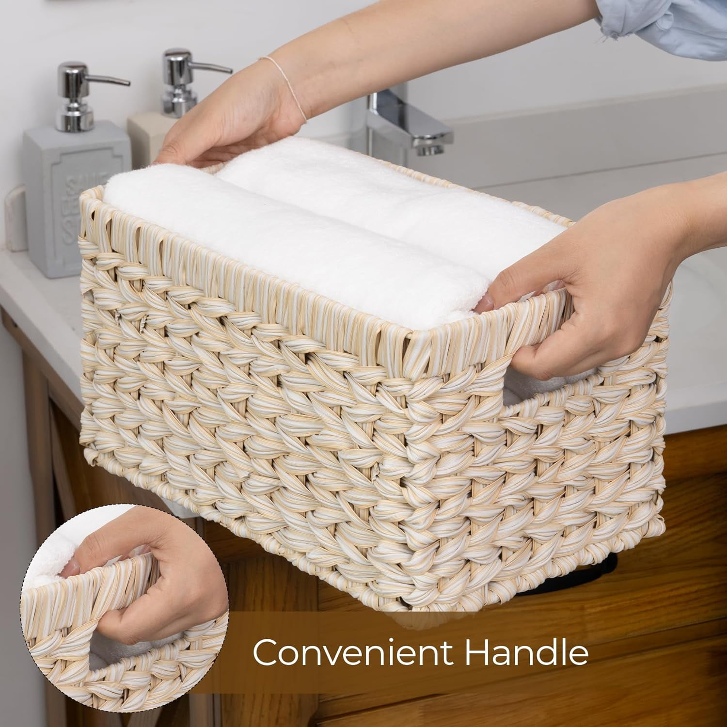 GRANNY SAYS Wicker Storage Baskets for Shelves, Waterproof Woven Baskets for Organizing, Hand Woven Rectangle Basket for Pantry, Butter Milk, 2-Pack