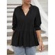 thumbnail image 3 of Blusa de media manga para mujer, cuello alto, cuello en V, camisa holgada de corte A, 3 of 8