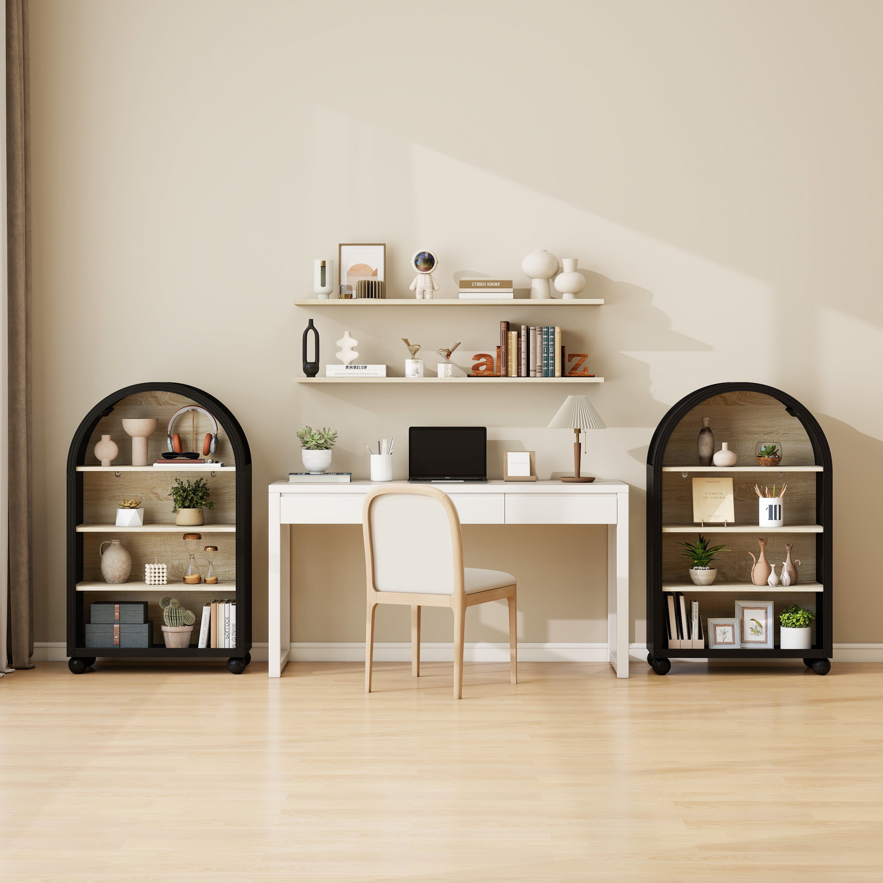 4-Tier Storage Cabinet with Carved Edges, MDF Bookcase with Black Metal Frame & Hand-Painted Finish, Freestanding Display Shelf for Living Room, Study, or Office (70.5X30X116 cm)