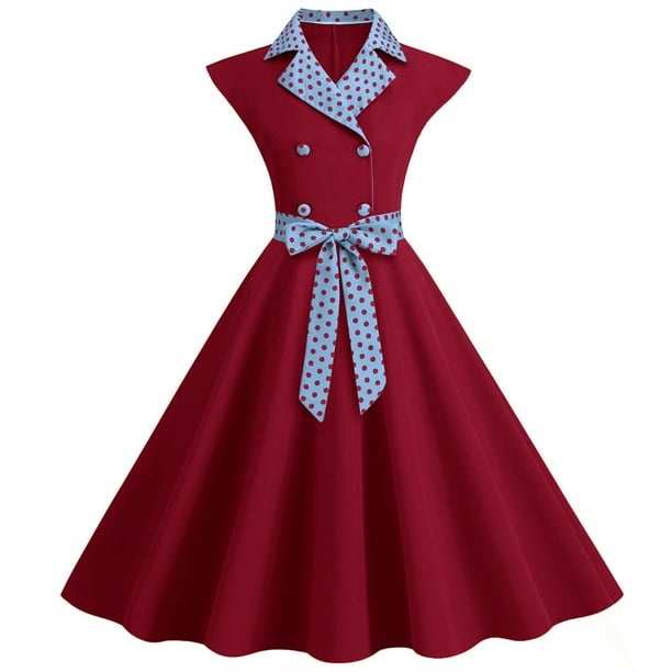 WILLBEST Vestidos de Mujer Vestido Informal de Manga Corta con Solapa para Fiesta de Noche y Graduación de Los Años 50 Chica