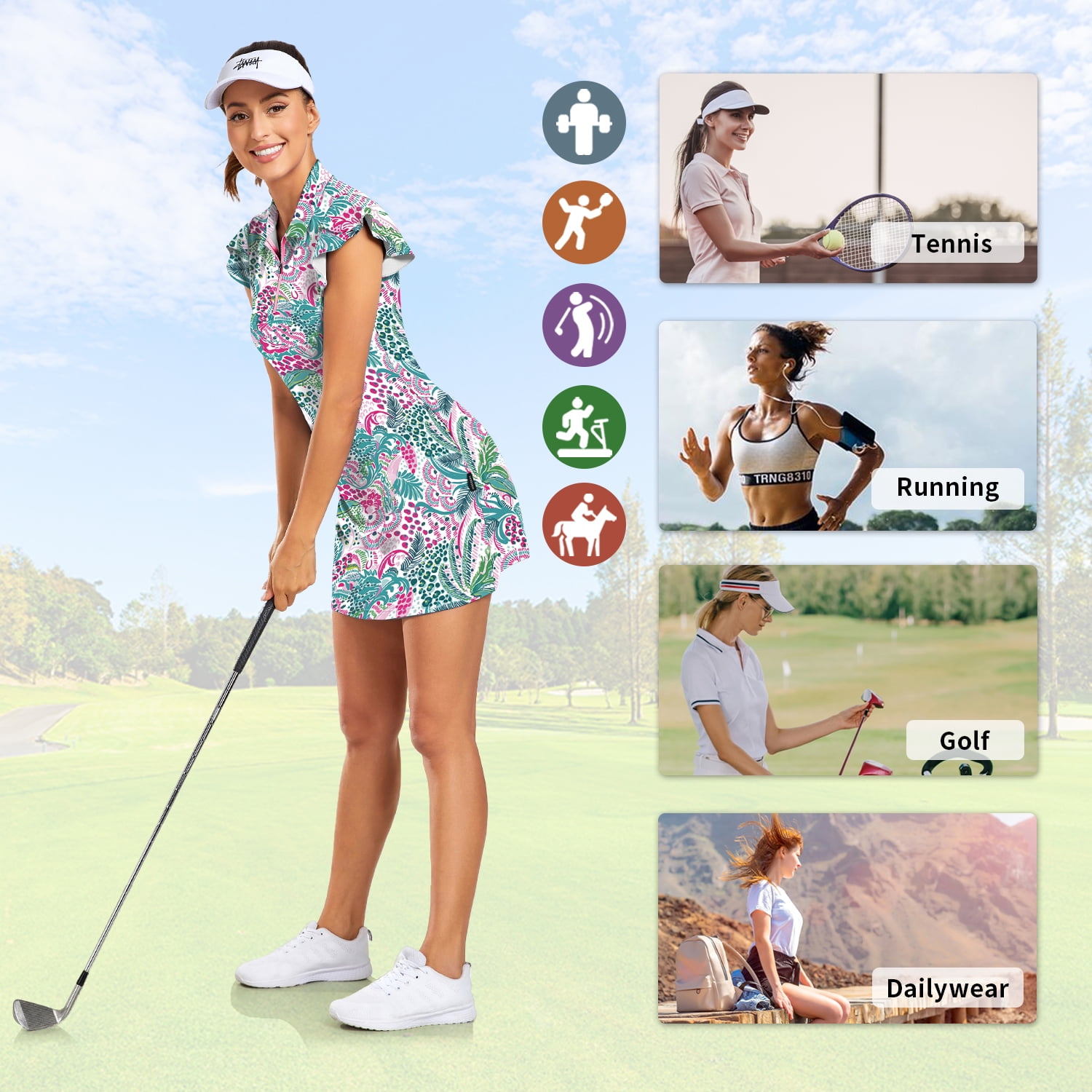 Women’s 1/4 Zip Tennis Dress Floral Ruffle Sleeve Golf Dress with Built-in Shorts and Pockets Athletic Outfit